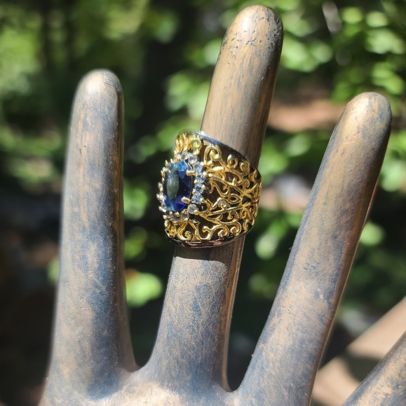 Kyanite 4k princess cut &Aquamarine Sterling Rhodium & gold finger cuff sz6 - Picture 4 of 8